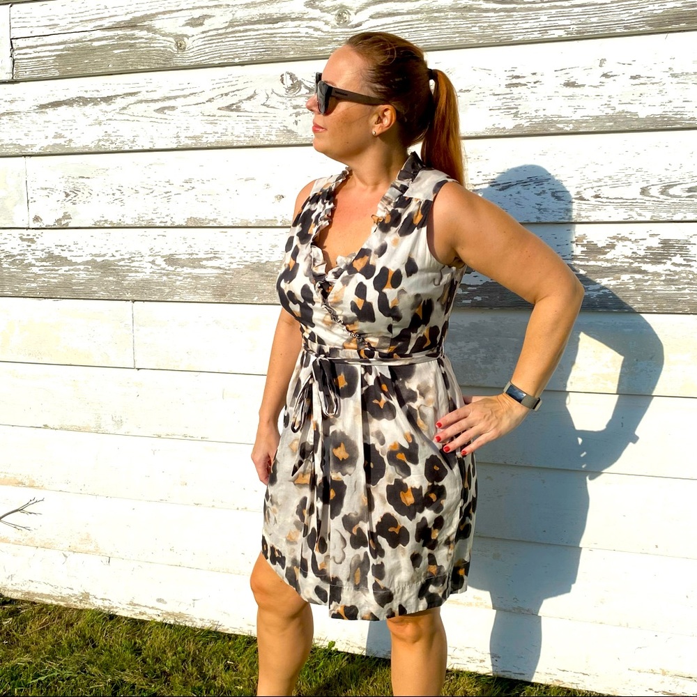 Allen B. Ruffle Neck Faux Wrap Dress in Bold Jaguar Print sz 14